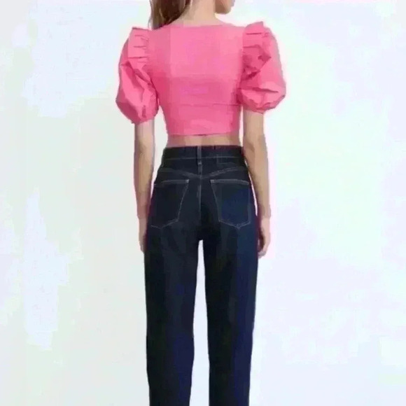 ZARA square neck puff lsleeve crop Top Pink Cotton size S - Picture 7 of 7